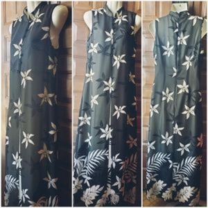 David Warren Black White Floral Asian Dress Maxi